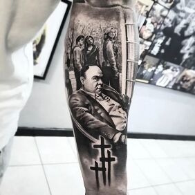 Tattoo The Soprano Family on the forearm motif: black and gray style: realistic