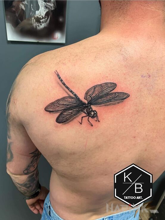 Tattoo Waszka in insects motif and realistic style on the shoulder blades