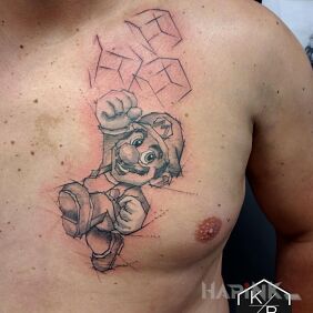 Tattoo Mario on the chest motif: black and gray style: sketch