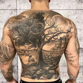 Tattoo Nature vs. civilization on the shoulder blades motif: 3D style: realistic