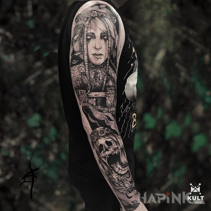 Tattoo POŁUDNICA in fantasy motif and graphic / illustrative style On the arm