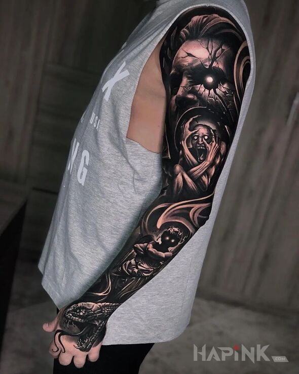 Tattoo Opetane istoty in characters motif and realistic style on the upper arm