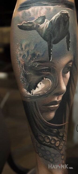 Tattoo Wieloryb in animals motif and realistic style on the calf