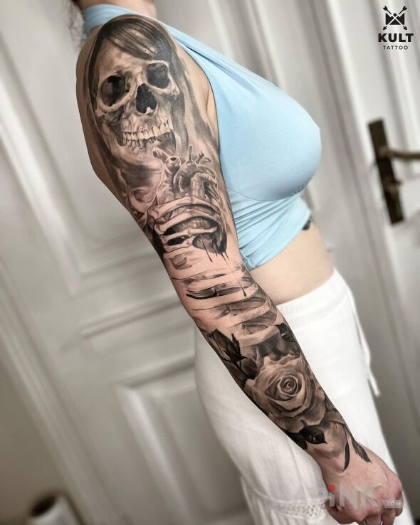 Tattoo RĘKAW in sleeves motif and realistic style on the forearm
