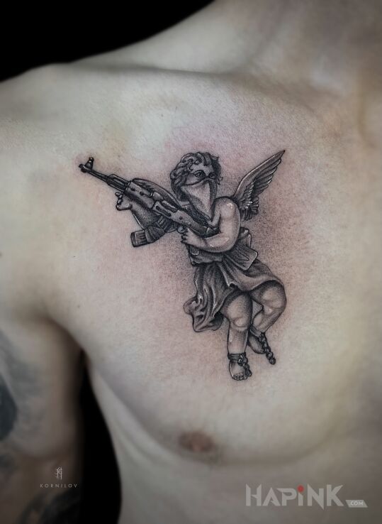 Tattoo Crime angel in characters motif and graphic / illustrative style on the chest