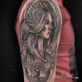 Tattoo Valkyrie On the arm motif: black and gray style: realistic