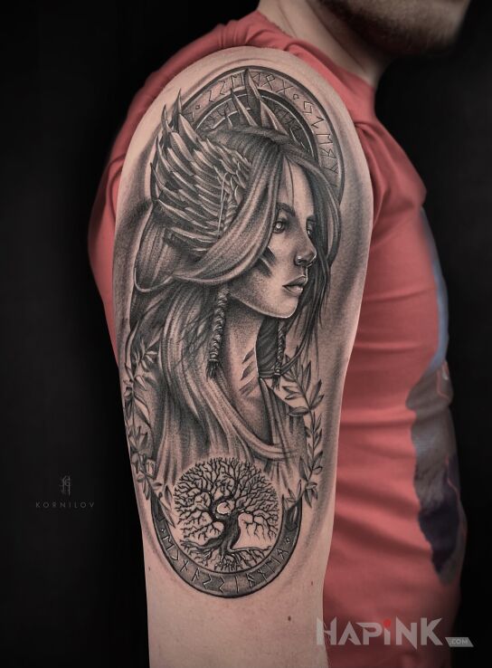 Tattoo Valkyrie in black and gray motif and realistic style On the arm