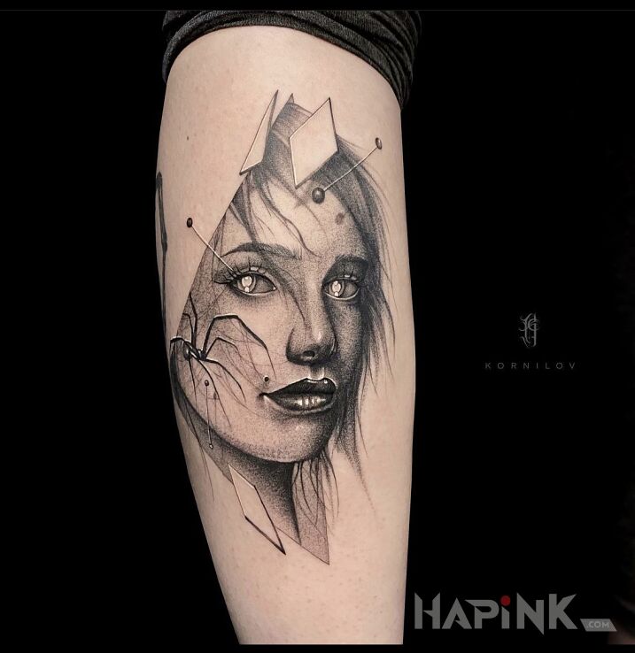 Tattoo Ghost in black and gray motif and realistic style on the forearm