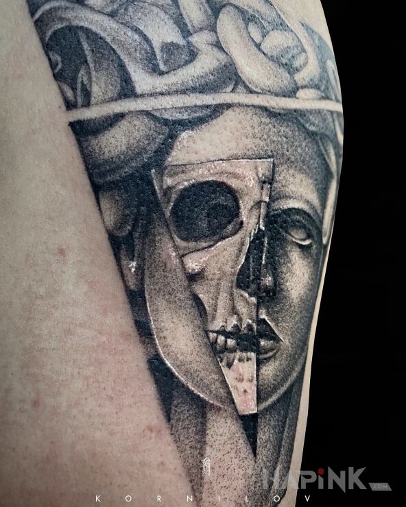 Tattoo Meduza in fantasy motif and graphic / illustrative style On the arm