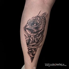 Tatuaż Phoenix na nodze motyw: czarno-szare styl: graficzne / ilustracyjne