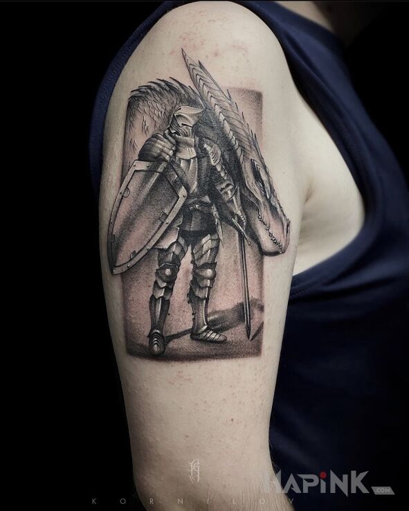 Tattoo Dragking in black and gray motif and graphic / illustrative style On the arm
