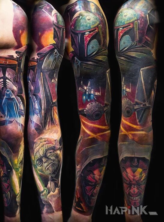 Tattoo Star wars in science fiction motif and realistic style on the upper arm