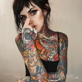Tattoo Colorful Bunny on the chest motif: colorful style: neo-traditional