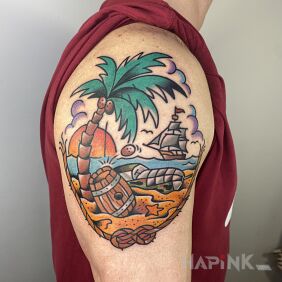 Tattoo Beach / Palm / Sun / Ship on the upper arm motif: other style: oldschool