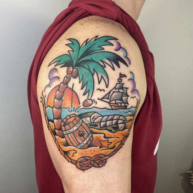 Tatuaż plaża  palma  słońce  statek w motywie natura i stylu oldschool na ręce
