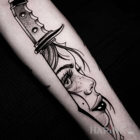Tattoo Knife / Woman / Face on the forearm motif: faces style: newschool