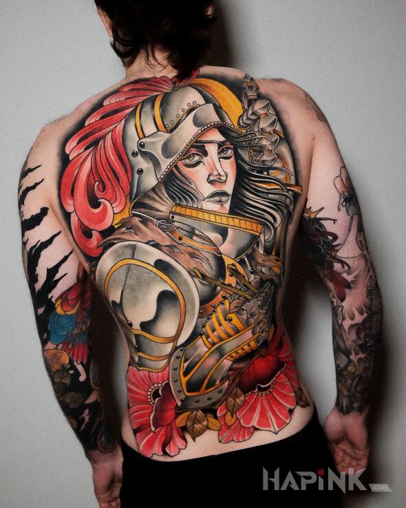 Tattoo Rycerz / Kwiaty in fantasy motif and neo-traditional style on the back