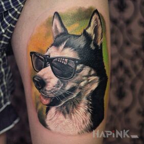 Tattoo Dog / Friend / Glasses on the thigh motif: animals style: realistic