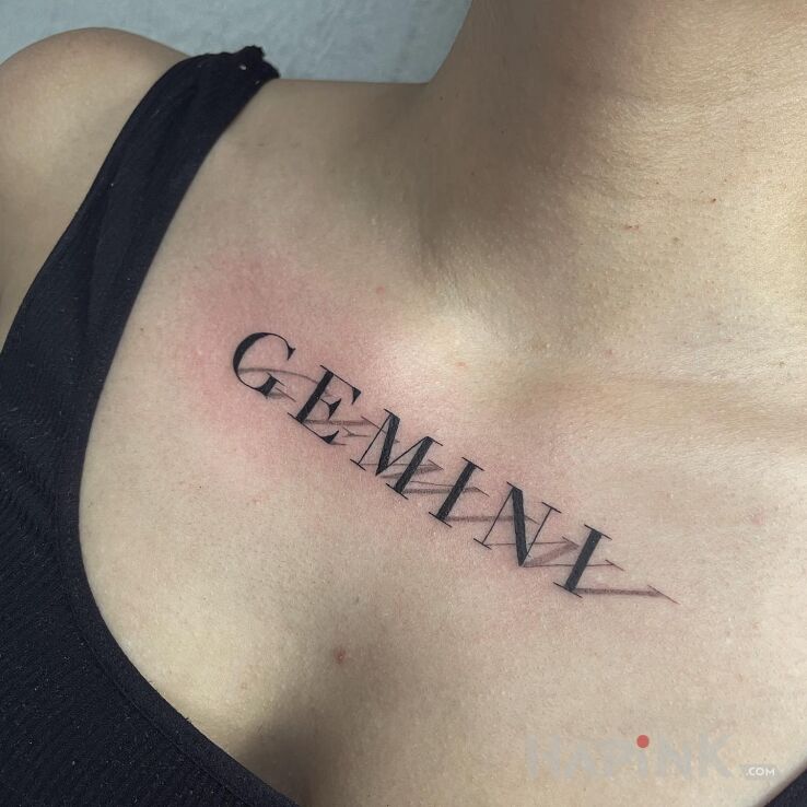 Tattoo Gemini in lettering motif and calligraphy style on the chest