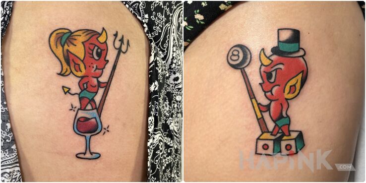 Tattoo Diabeł / Diablica in demons motif and oldschool style on the thigh
