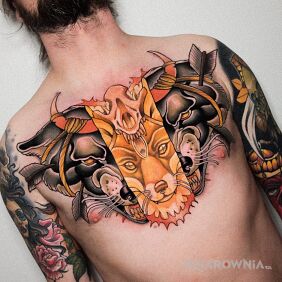 Tatuaż Wilk / Wilki / Rogi / Strzały na obojczyku motyw: fantasy styl: neotradycyjne