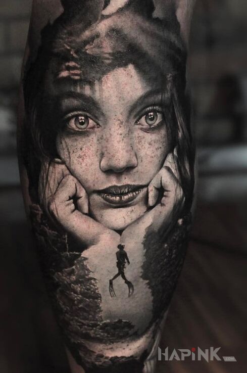 Tattoo Nurek in 3D motif and realistic style on the calf