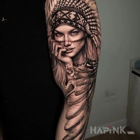 Tattoo Seductive Indian girl On the arm motif: Indian style: realistic