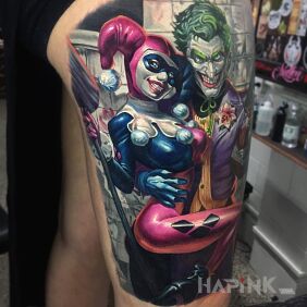 Tattoo Joker with his beloved on the leg motif: characters