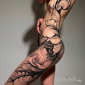 Tattoo Flower from abstraction on the thigh motif: black and gray style: abstract