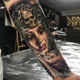 Tattoo Apocalypse on the forearm motif: skulls style: realistic