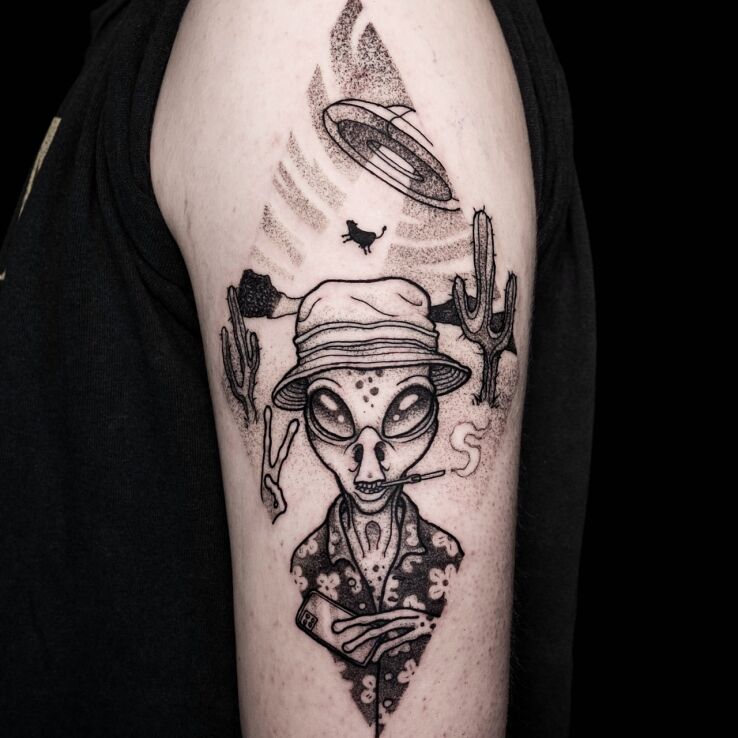 Tatuaż las vegas parano  ufo w motywie śmieszne i stylu kontury / linework na ręce