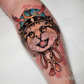 Tattoo Cat / Japan on the leg motif: colorful style: neo-traditional