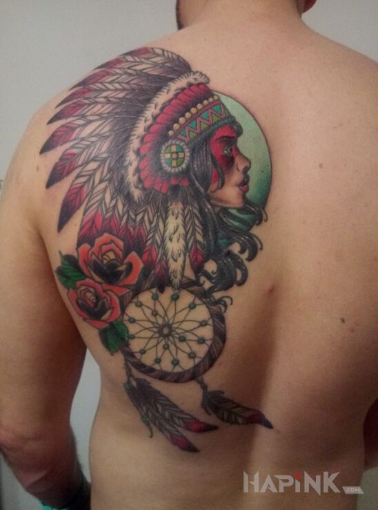 Tattoo Native American Woman Dreamcatcher in colorful motif on the back