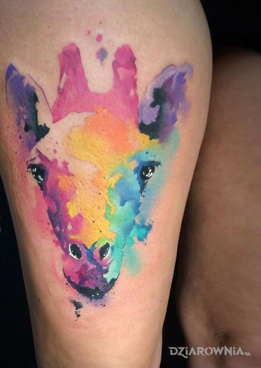 Tatuaż kolorowa żyrafa w motywie zwierzęta na nodze