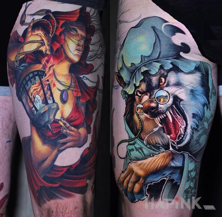 Tattoo Czerwony kapturek in characters motif on the leg