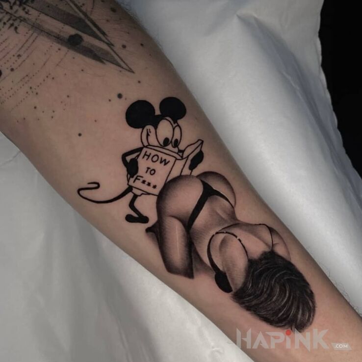 Tattoo How to fuck in black and gray motif and realistic style on the forearm