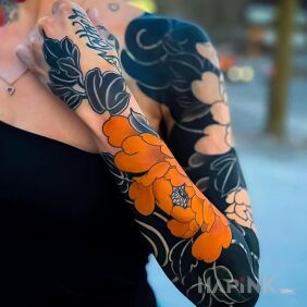 Tattoo Yellow peony on the hand motif: flowers style: blackwork / blackout