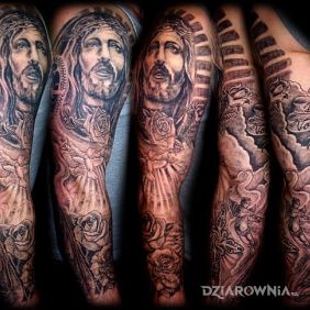 Tatuaż Religijny rekaw na ramieniu motyw: postacie