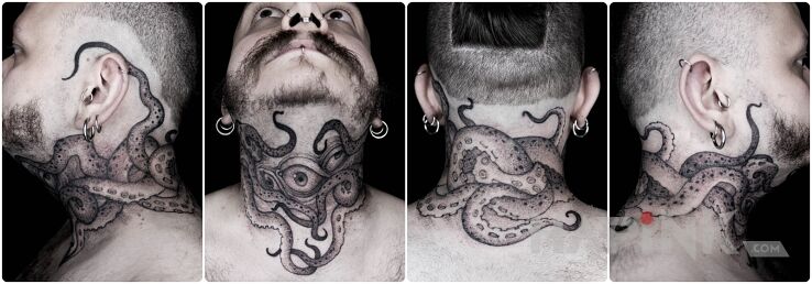 Tattoo Oko / Ośmiornica / Macki in black and gray motif and graphic / illustrative style on the nape