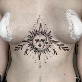 Tattoo Sun / Moon underboob motif: black and gray style: graphic / illustrative