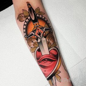 Tattoo Dagger / Heart / Eye / Leaves on the forearm motif: colorful style: neo-traditional