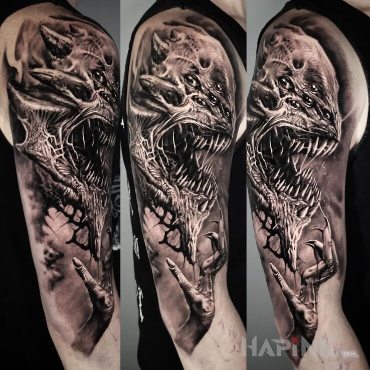 Tattoo Demon in dark motif and realistic style On the arm