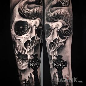 Tattoo Skull. snake on the forearm motif: 3D style: realistic