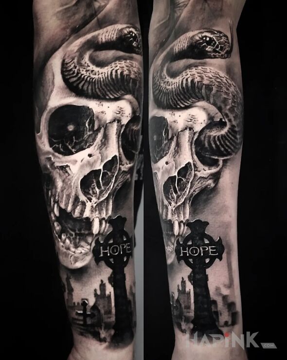 Tattoo Skull. snake in skulls motif and realistic style On the arm