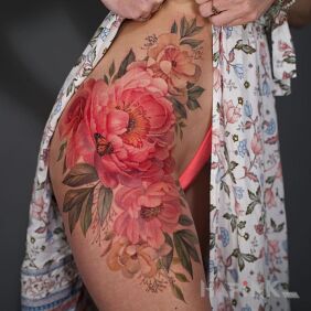 Tattoo Entire hip in flowers on the hip motif: butterflies style: realistic