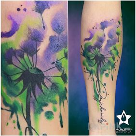 Tattoo Dandelion on the forearm motif: lettering style: Watercolor