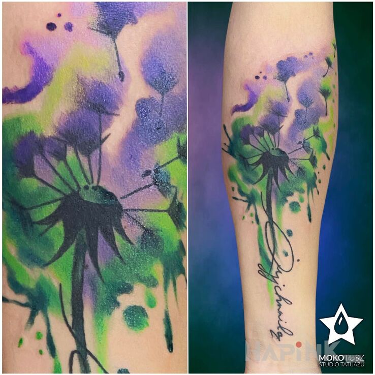 Tattoo Dmuchawiec in lettering motif and Watercolor style On the arm