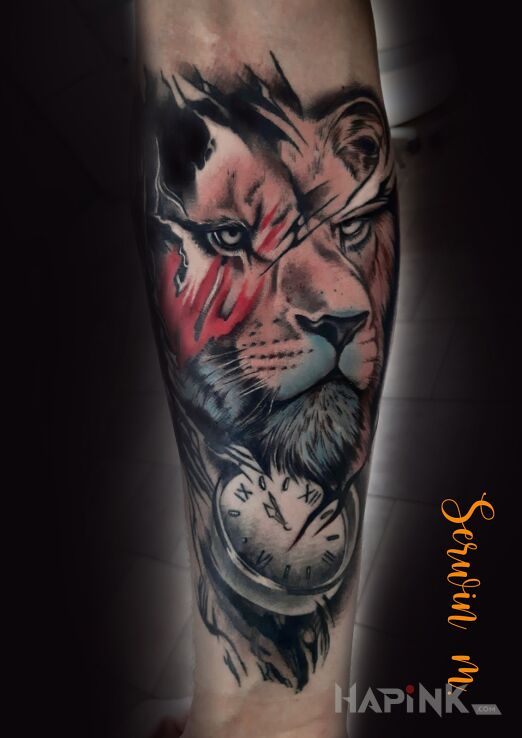 Tattoo Lion in objects motif and realistic style on the forearm