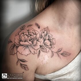 Tattoo Peonies on the collarbone motif: floral style: graphic / illustrative