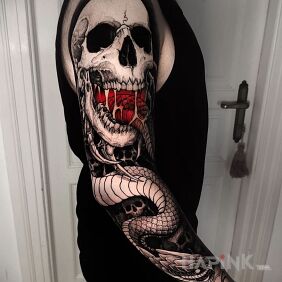 Tattoo Snake living in the skull on the upper arm motif: black and gray style: graphic / illustrative